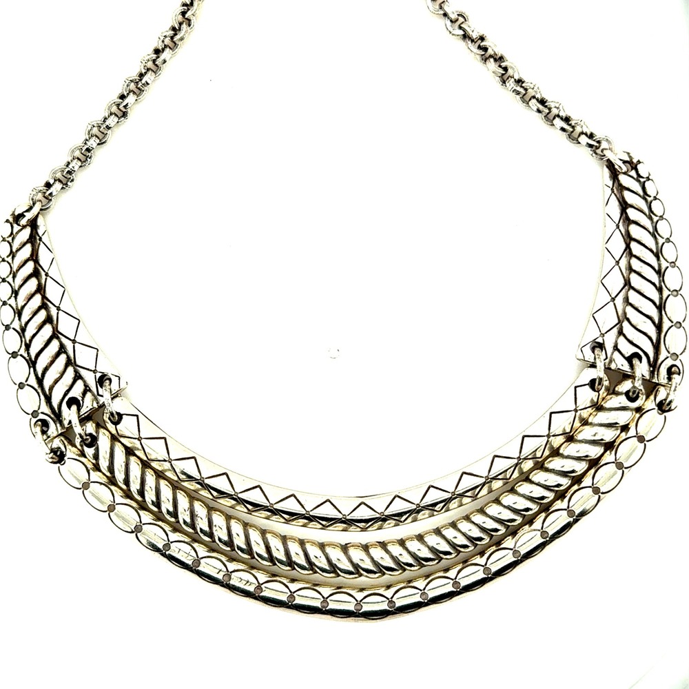 Brighton Silver Tone Textured Three Tier Bib Statement Necklace 17-19 Inch